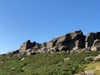 Low angle view of castle against clear blue sky