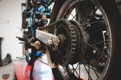 Close-up of old wheel of bicycle