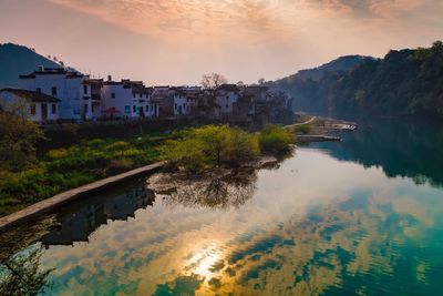 Reflection of houses in water