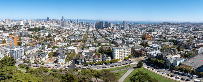 High angle view of townscape against clear sky