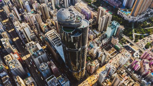 High angle view of modern buildings in city