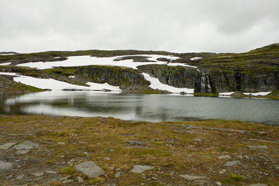 Scenic view of lake against sky during winter