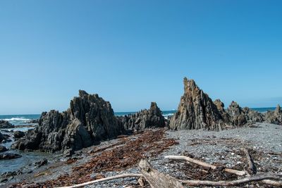 Rock formations on shore against clear blue sky