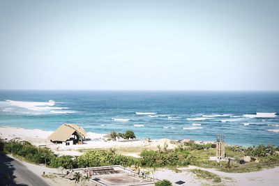 High angle view of beach against clear sky