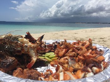 Close-up of food on beach against sky