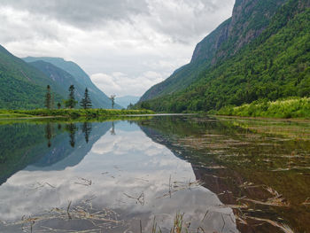 Scenic view of lake and mountains against sky