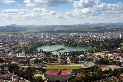 High angle view of townscape against sky