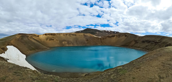 The crystal clear deep blue lake krafla on iceland