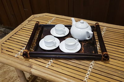 High angle view of tea cup on table