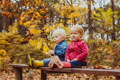 Boy sitting on autumn leaves