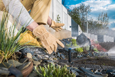 Low section of woman standing by plants