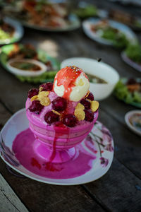Close-up of dessert in plate on table
