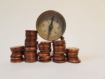 Close-up of coins on table