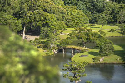 Bridge over lake against trees