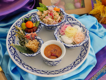 High angle view of meal served on table
