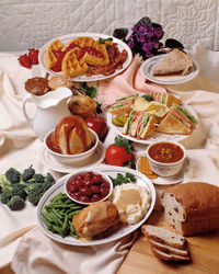 High angle view of food served on table