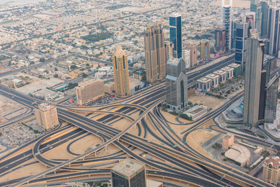 High angle view of modern buildings in city