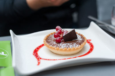 High angle view of cake in plate on table