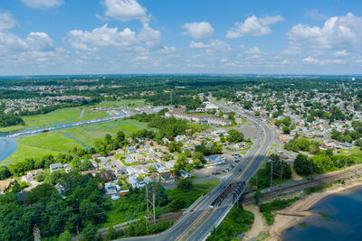 High angle view of cityscape against sky