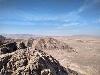 Panoramic view of rocky mountains against blue sky