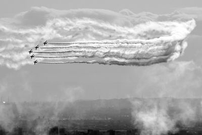 Jasdf aerobatic team blue impulse flying in  formation over the city