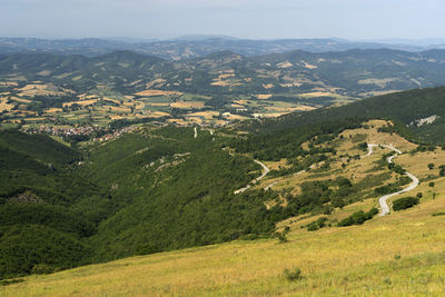 Aerial view of landscape and mountains against sky