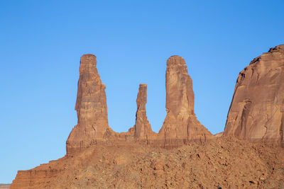 Low angle view of rock formations against clear blue sky