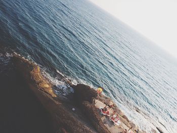 High angle view of sea against clear sky