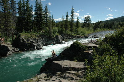 Man surfing on rocks by river in forest