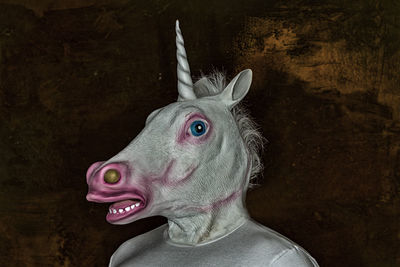 Close-up of person in unicorn costume at night