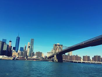 Bridge over river with city in background