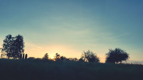 Silhouette trees on landscape against clear sky