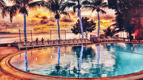 Reflection of trees in swimming pool at night