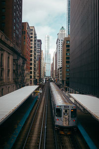 Railroad tracks amidst buildings in city against sky