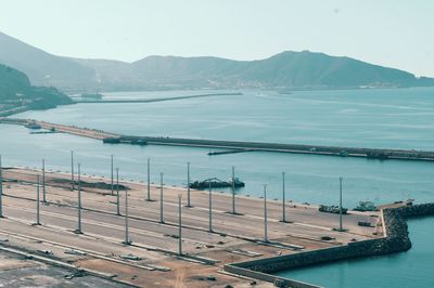 High angle view of bay against sky