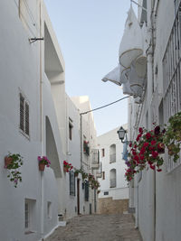 Alley amidst houses and buildings against clear sky