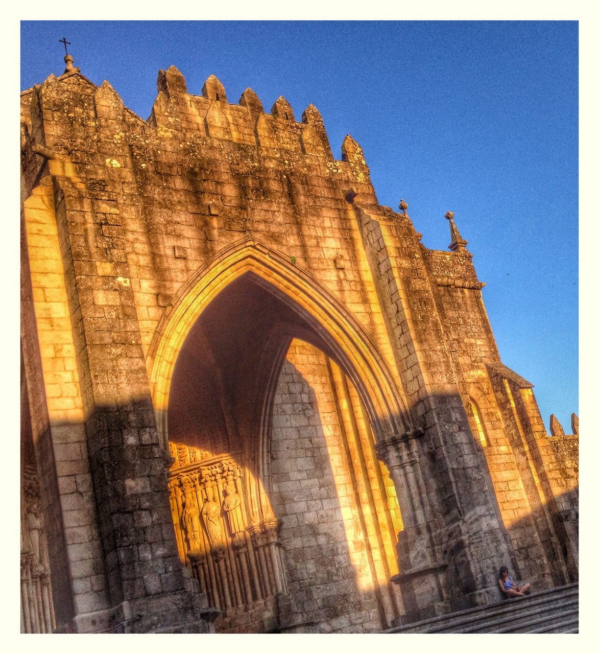 transfer print, architecture, built structure, building exterior, auto post production filter, low angle view, clear sky, arch, famous place, history, travel destinations, blue, place of worship, sunlight, travel, facade, sky, religion, tourism, outdoors