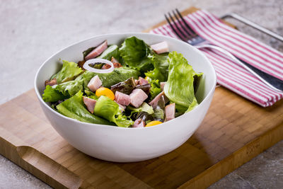 High angle view of salad in bowl on table