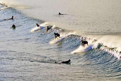 People surfing on waves in sea