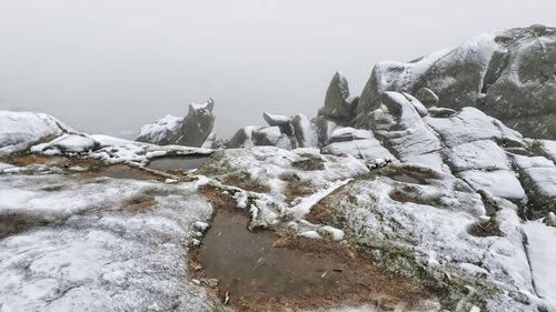 Snow covered rocks against sky