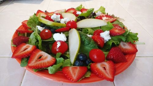 High angle view of salad in plate on table