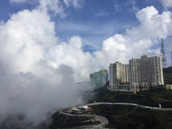 High angle view of buildings against cloudy sky