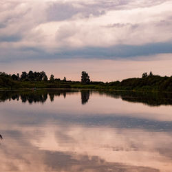 Scenic view of lake against sky at sunset