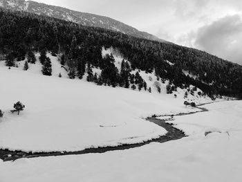 Scenic view of snow covered mountains against sky