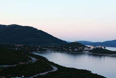 Scenic view of bay against clear sky