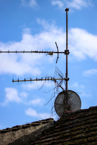 Low angle view of barbed wire against sky