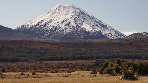 Scenic view of snowcapped volcano mountain against sky