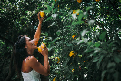 Woman holding fruit on tree