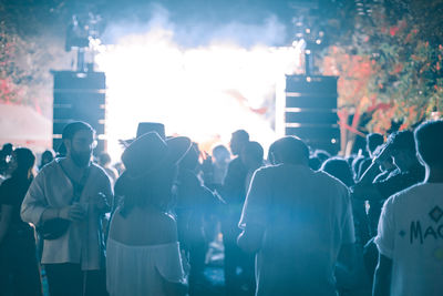 Rear view of people enjoying music concert at night