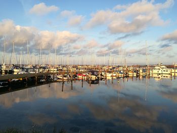 Sailboats moored at harbor against sky